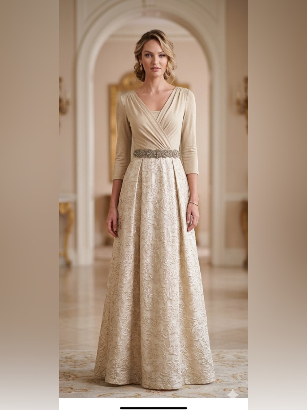 $1500 Teri Jon Metallic Jacquard Gown Elegant Evening Dress Size 8 wedding guest